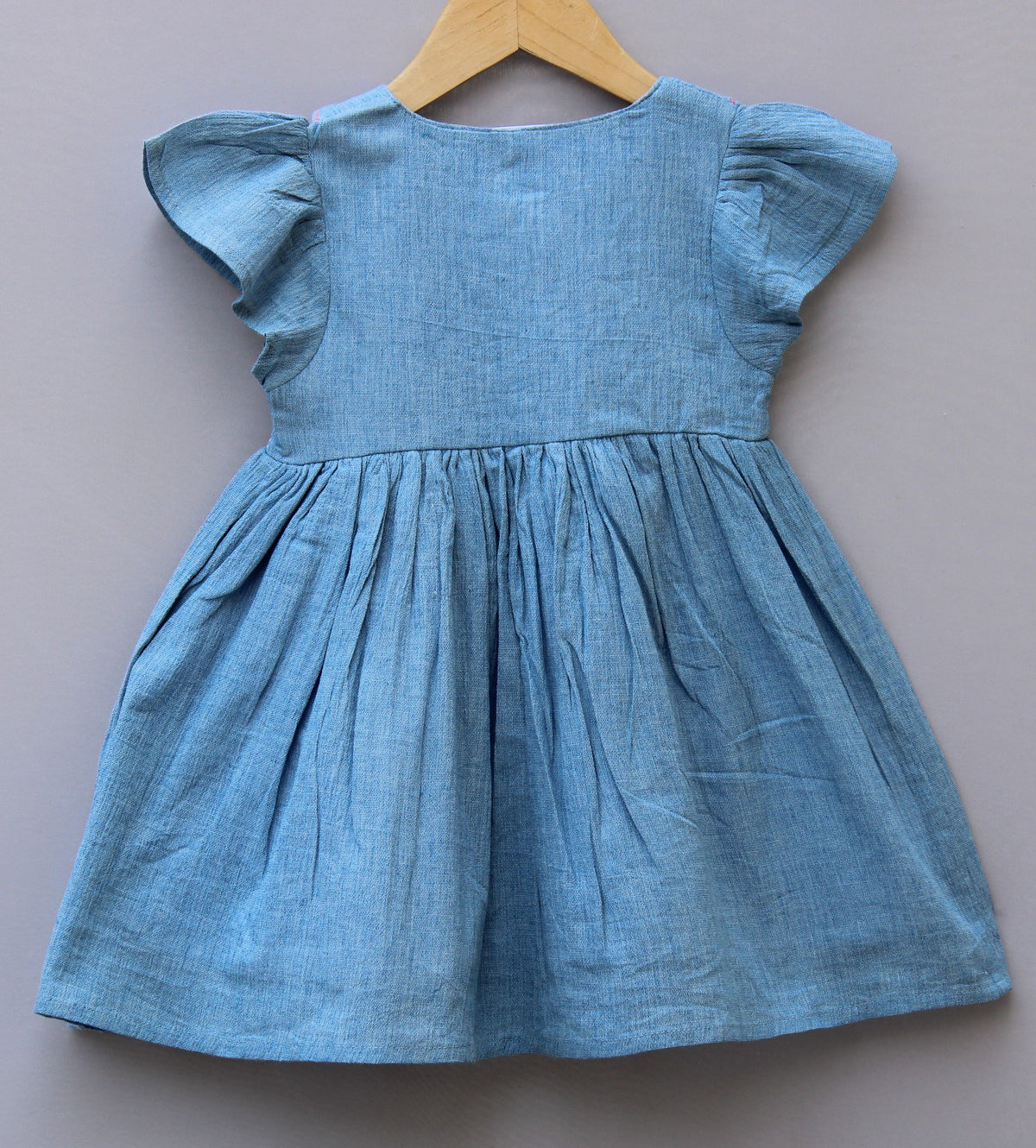 Denim-Look Cotton Frock with Embroidered Smocking