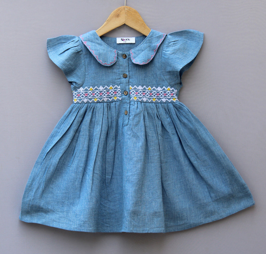 Denim-Look Cotton Frock with Embroidered Smocking
