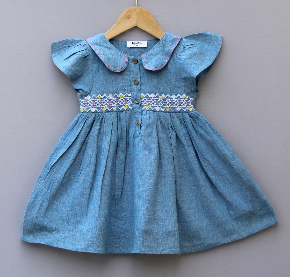 Denim-Look Cotton Frock with Embroidered Smocking
