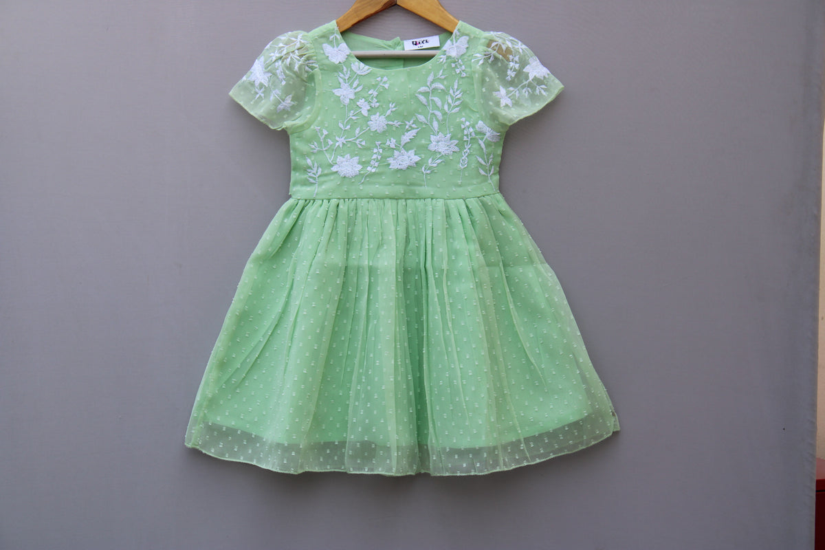Girls Mint Green  Embroidered Net Dress