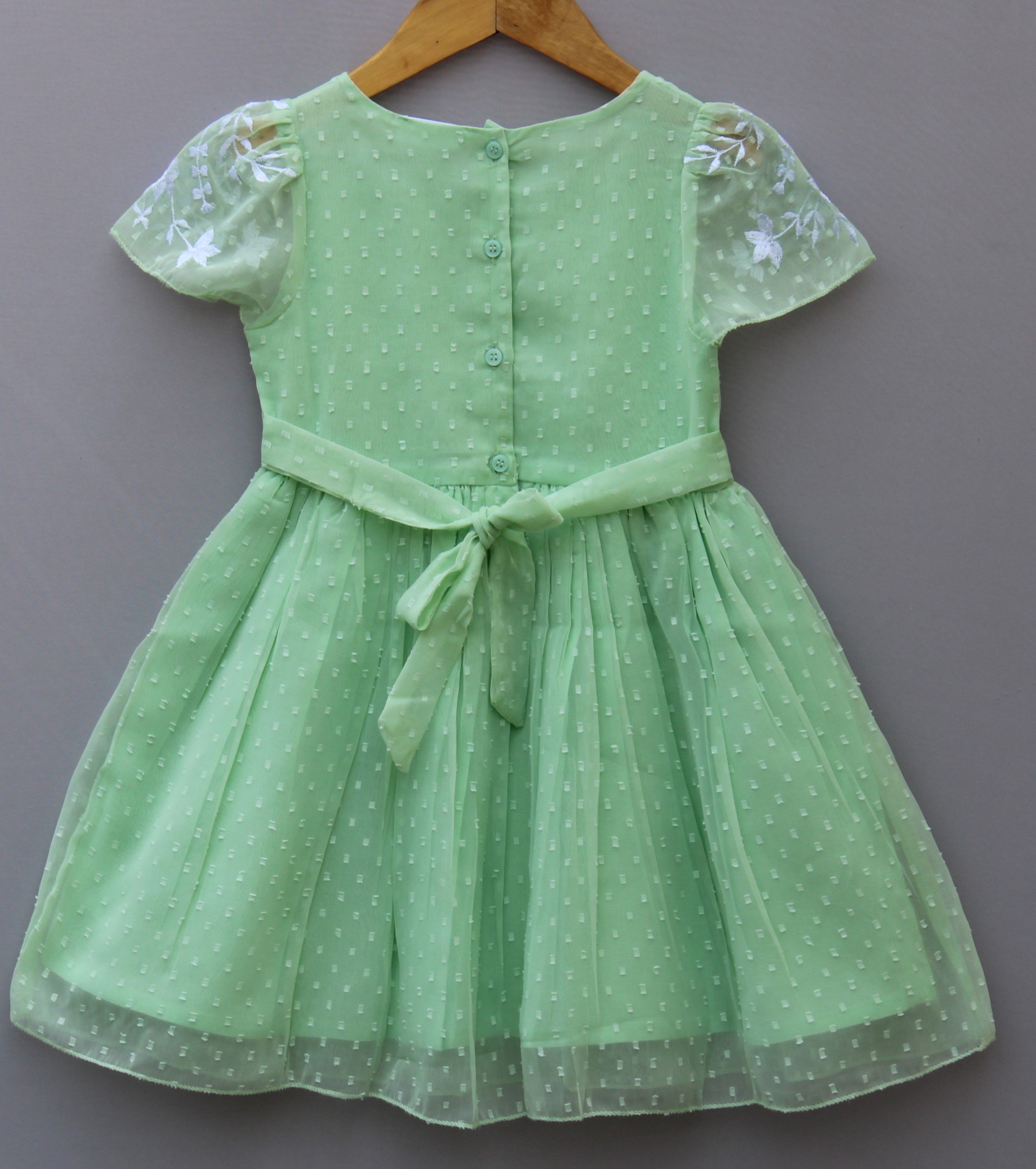 Girls Mint Green  Embroidered Net Dress