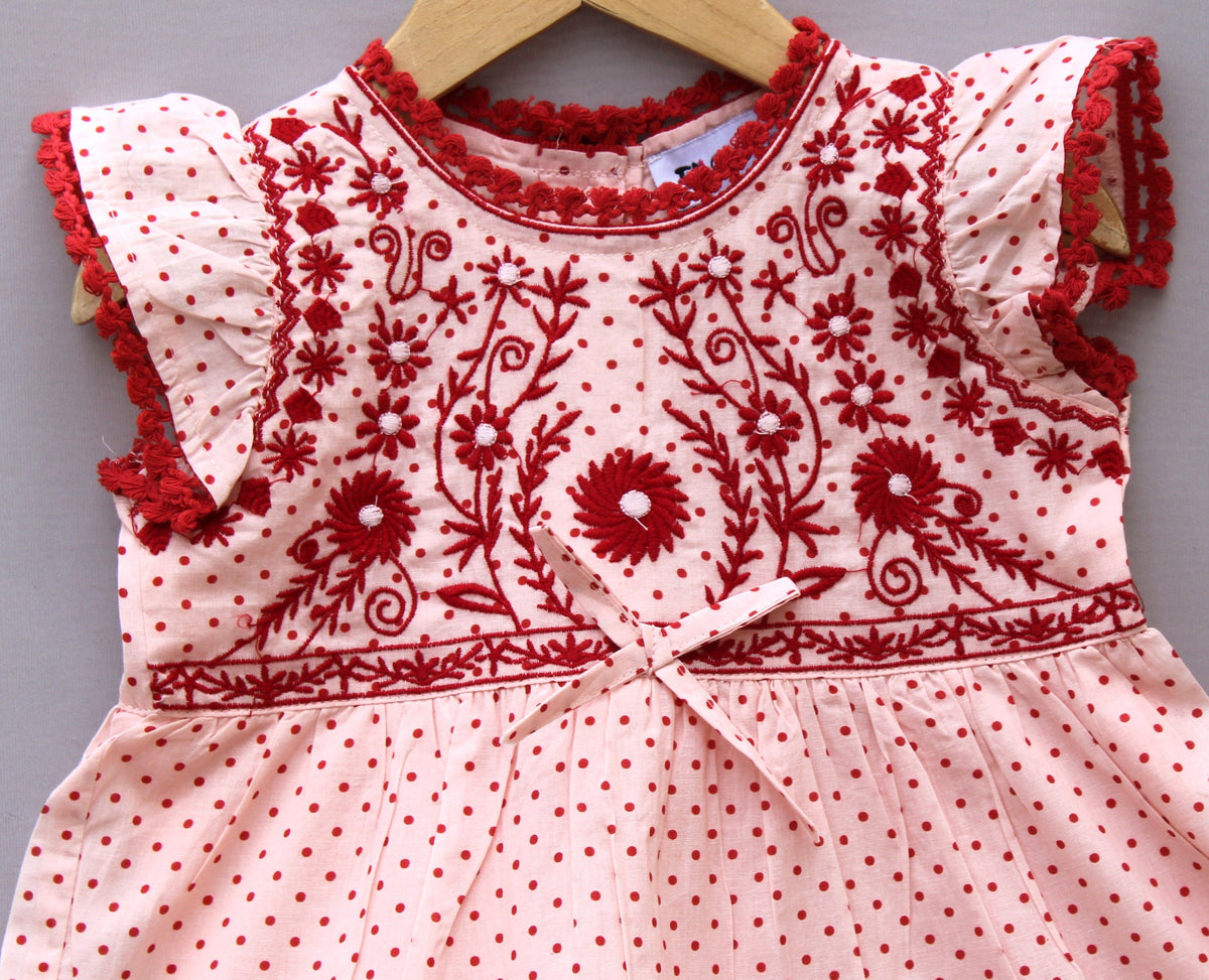 ​❤️ Embroidered Polka Dot Cotton Frock – Elegant, Soft & Comfortable Party Wear