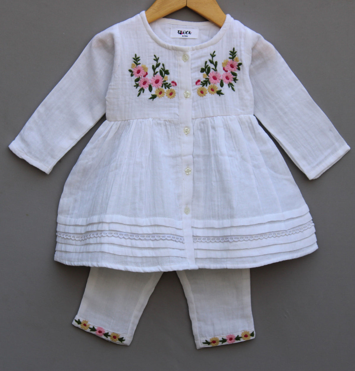 🌸 Baby Girls White Cotton Embroidered Co-Ord Set (Top & Pants)