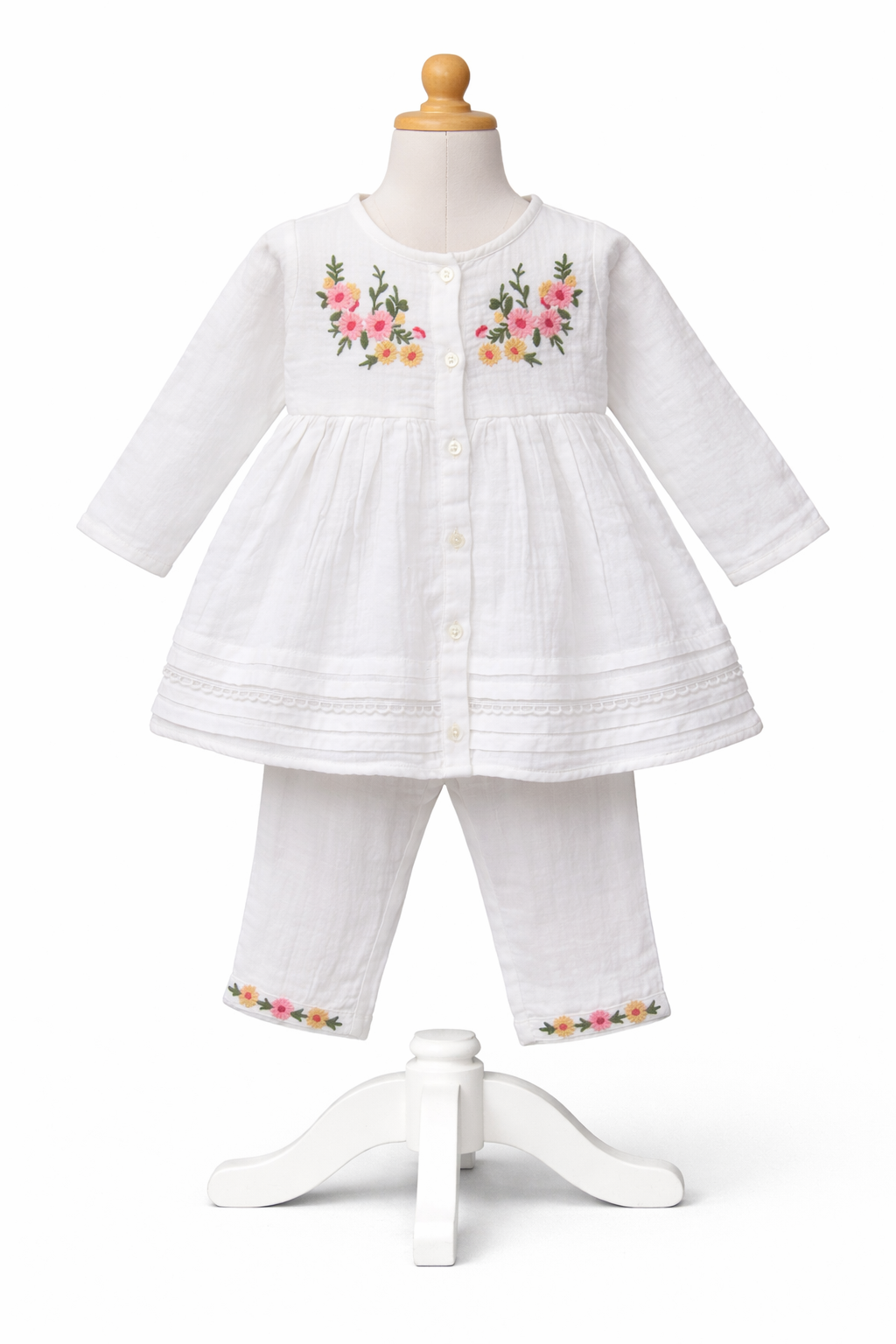 🌸 Baby Girls White Cotton Embroidered Co-Ord Set (Top & Pants)