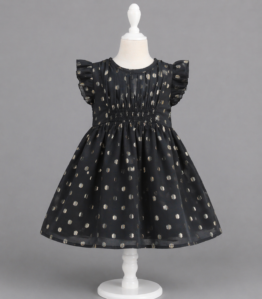 ​🖤 Baby Girls Black Party Dress with Gold Polka Dots