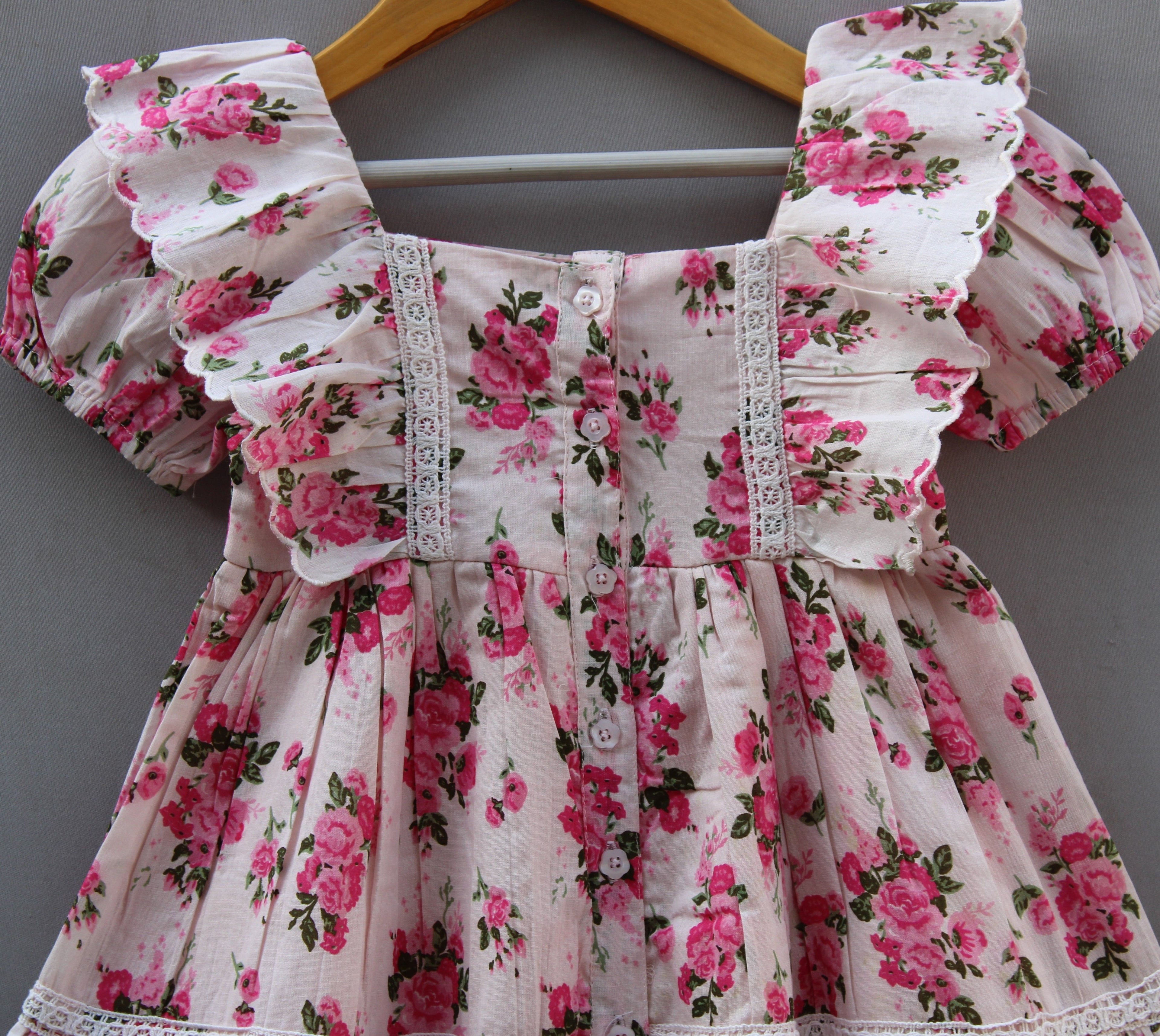 🌸 Baby Girls Pink Floral Cotton Dress (Vintage Frill Style)