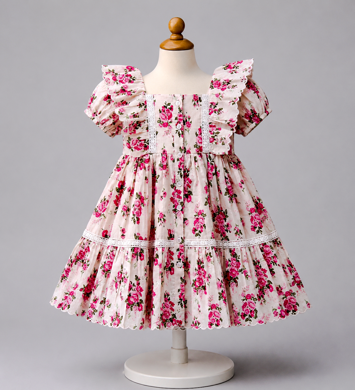 🌸 Baby Girls Pink Floral Cotton Dress (Vintage Frill Style)