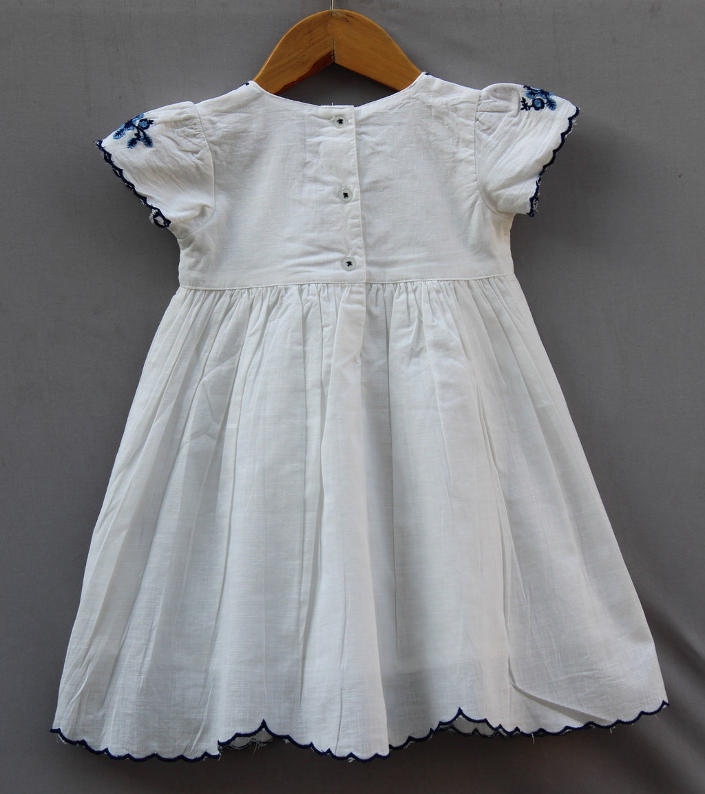 💙  White Embroidered Cotton Dress (Elegant Blue Floral Design)