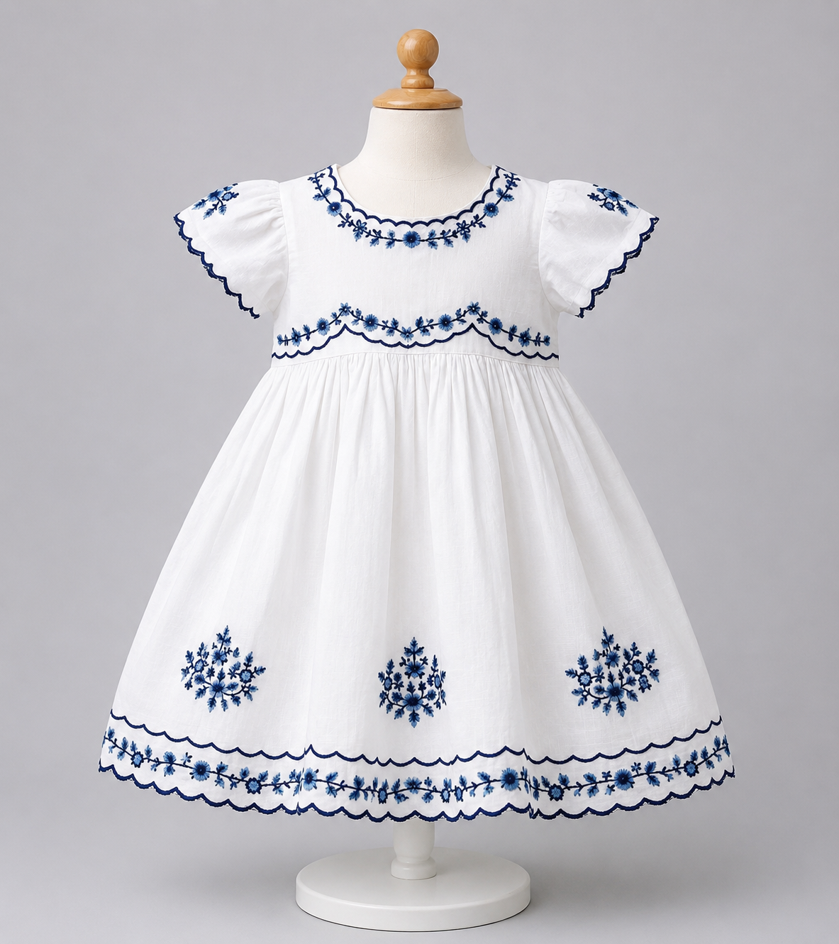 💙  White Embroidered Cotton Dress (Elegant Blue Floral Design)