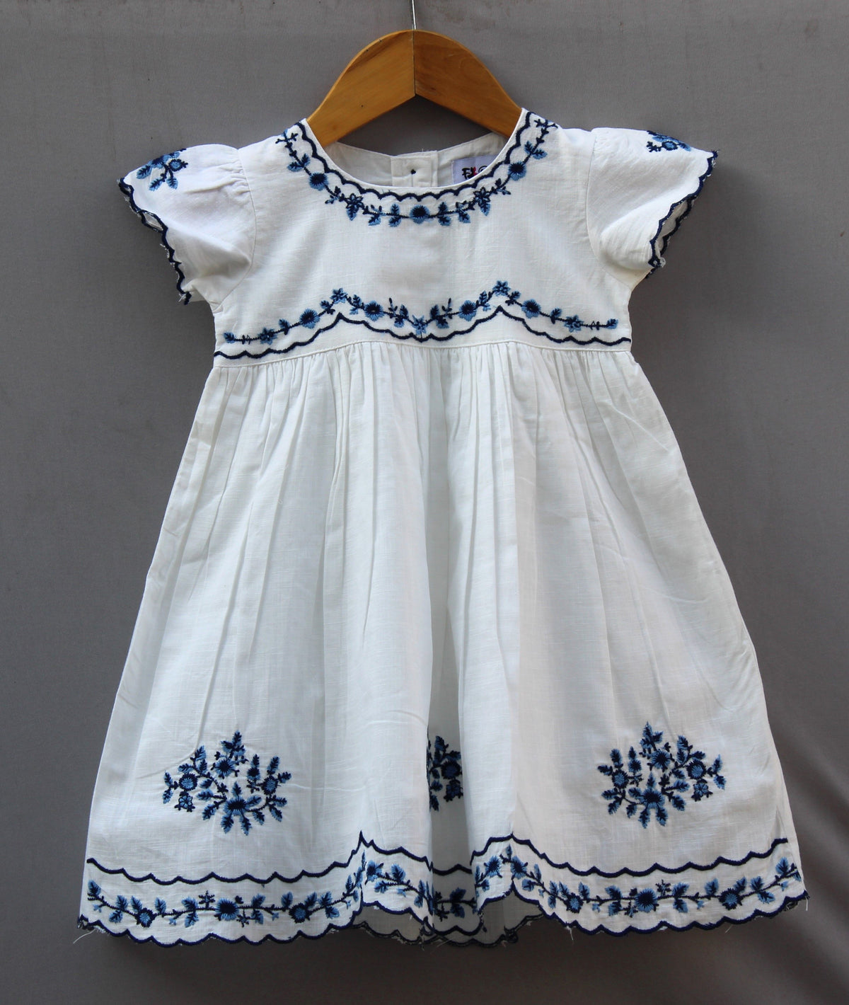 💙  White Embroidered Cotton Dress (Elegant Blue Floral Design)