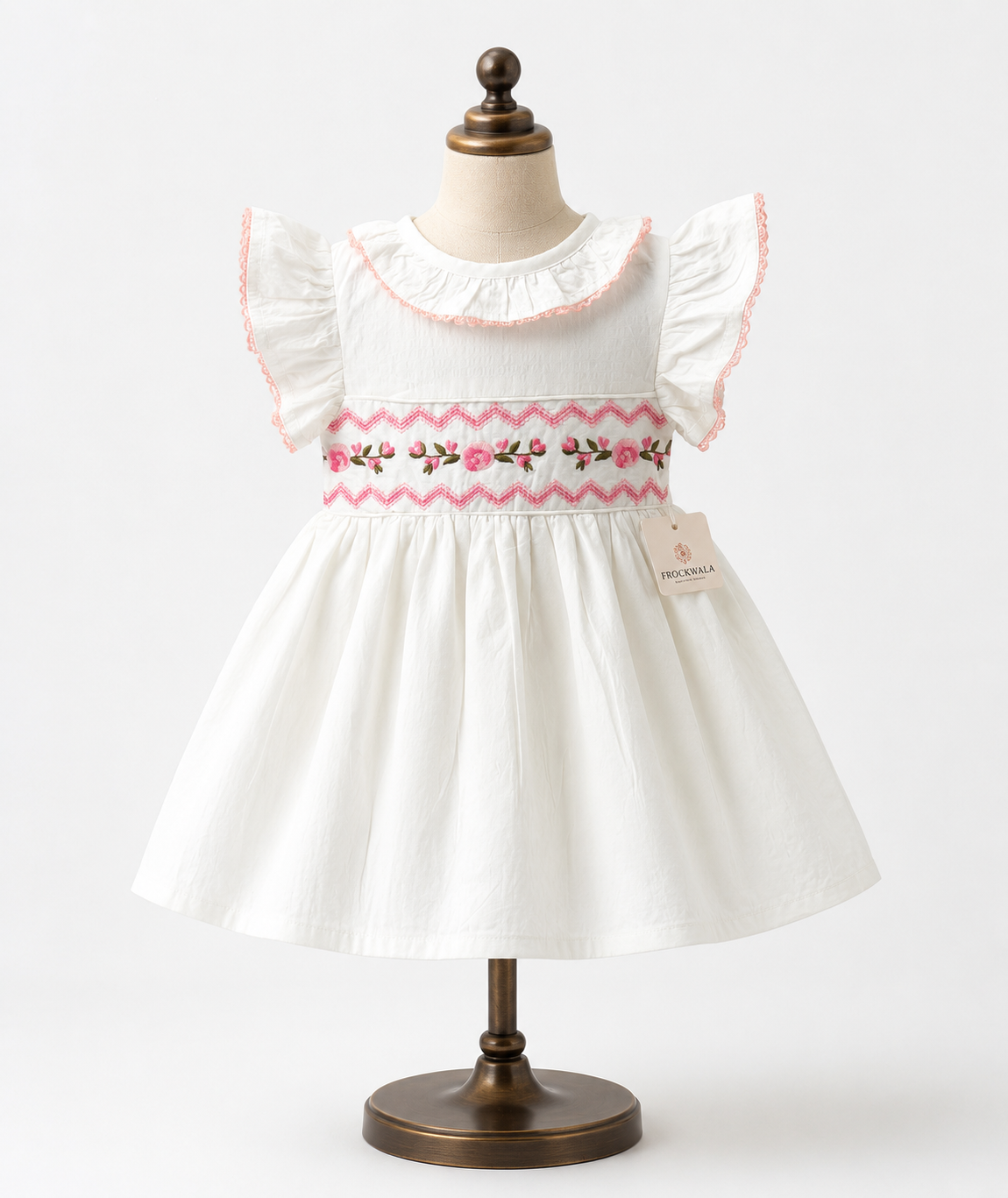 Premium White Cotton Embroidered Frock