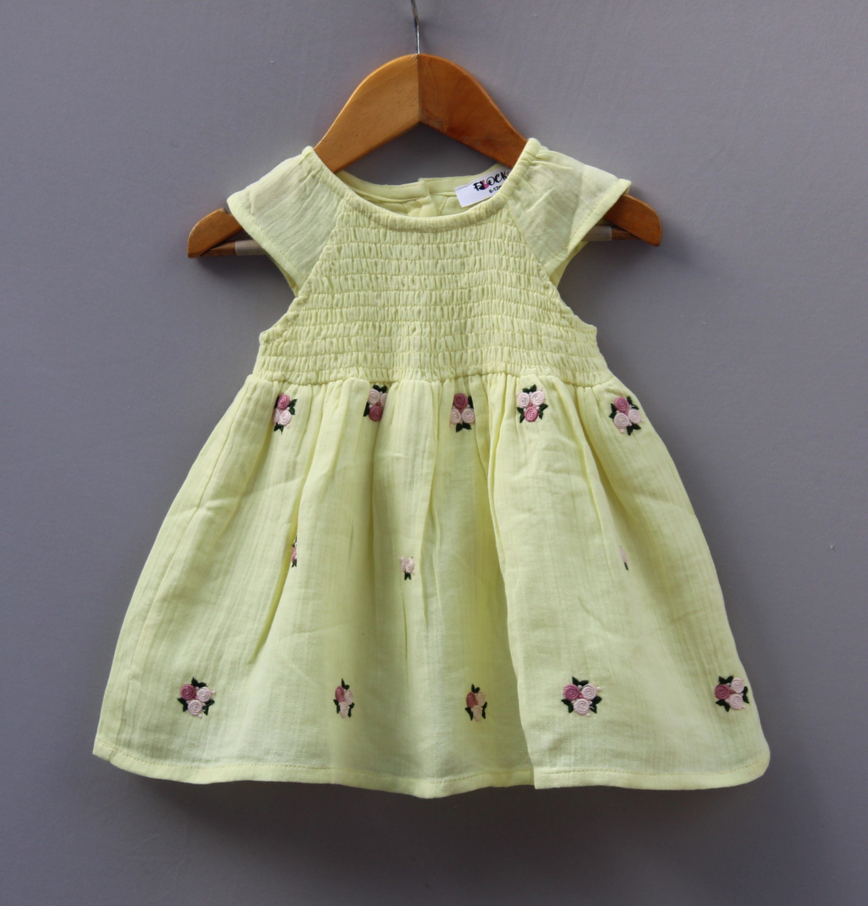 Lemon Yellow Cotton Embroidered Frock