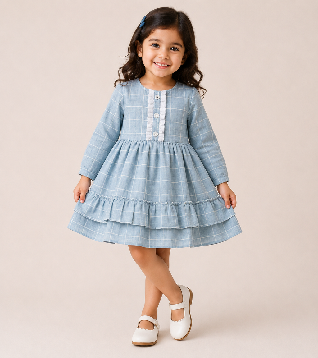 ​Frockwala Girls Premium Sky Blue Cotton Checkered Frock