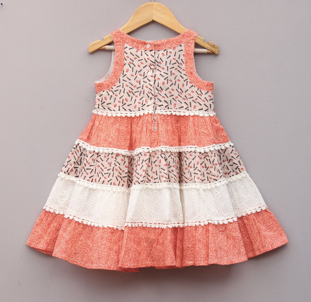 🌸 Frockwala Coral & White Tiered Cotton Frock for Girls