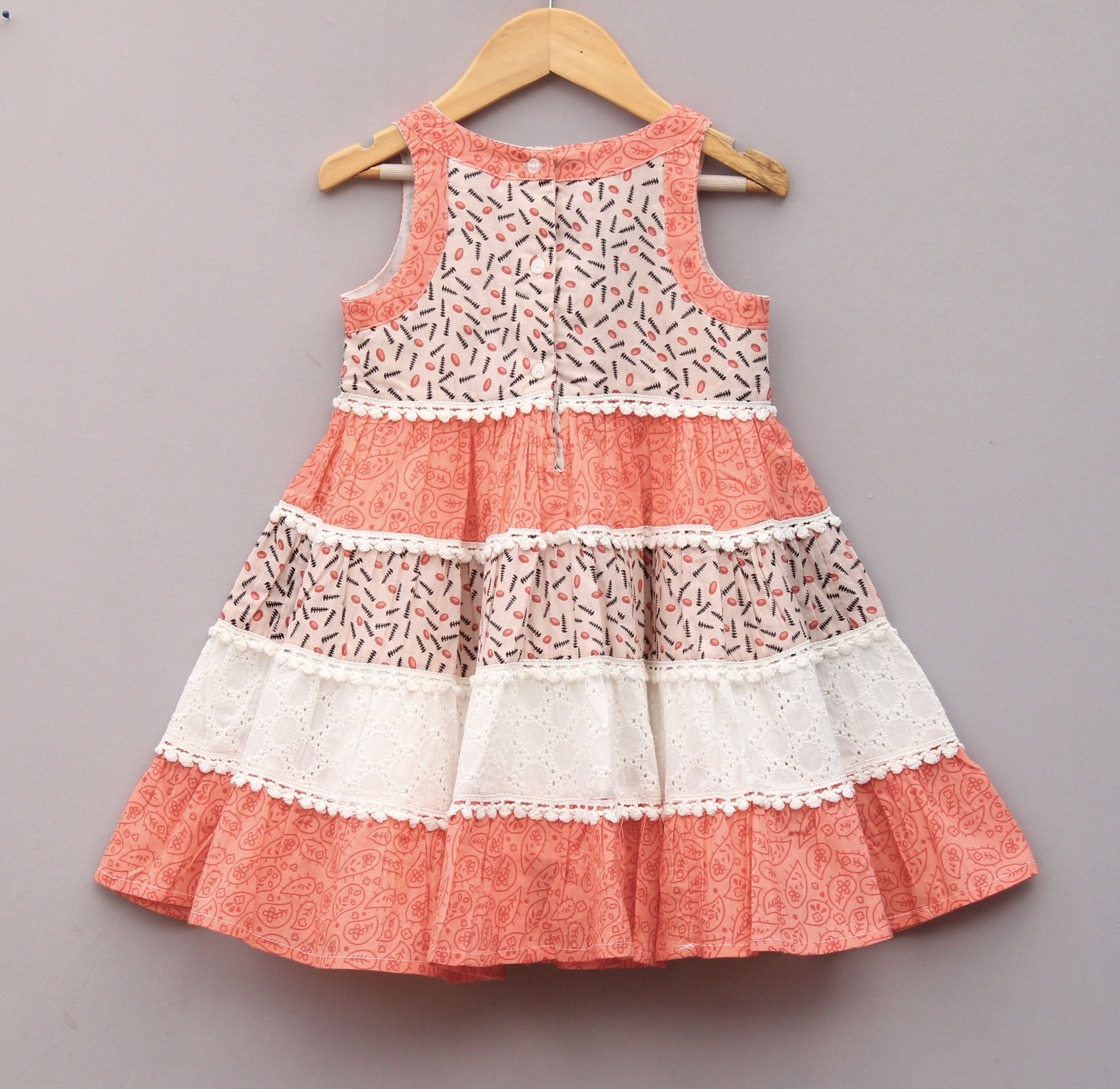 🌸 Frockwala Coral & White Tiered Cotton Frock for Girls