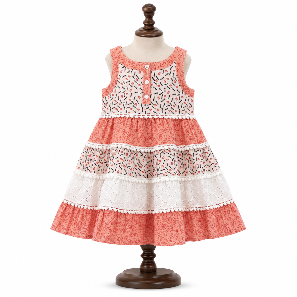 🌸 Frockwala Coral & White Tiered Cotton Frock for Girls