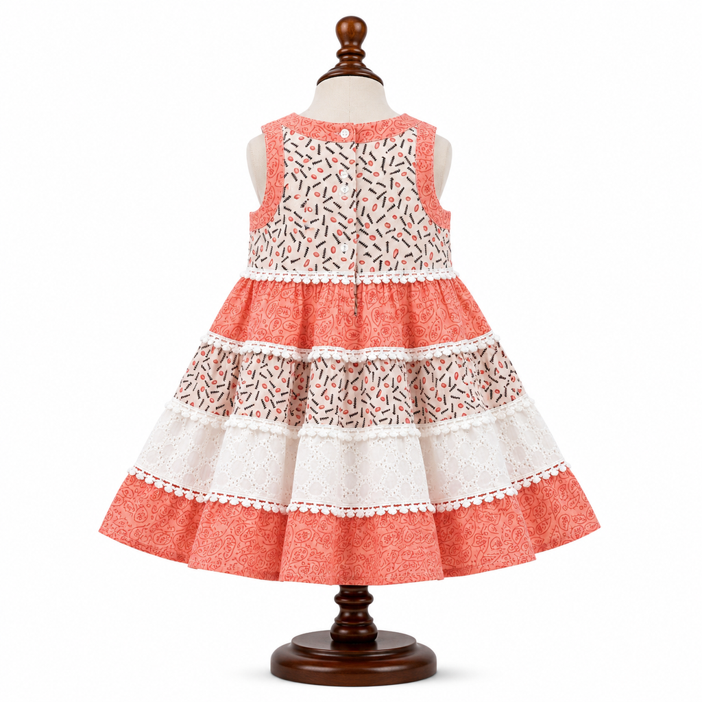 🌸 Frockwala Coral & White Tiered Cotton Frock for Girls