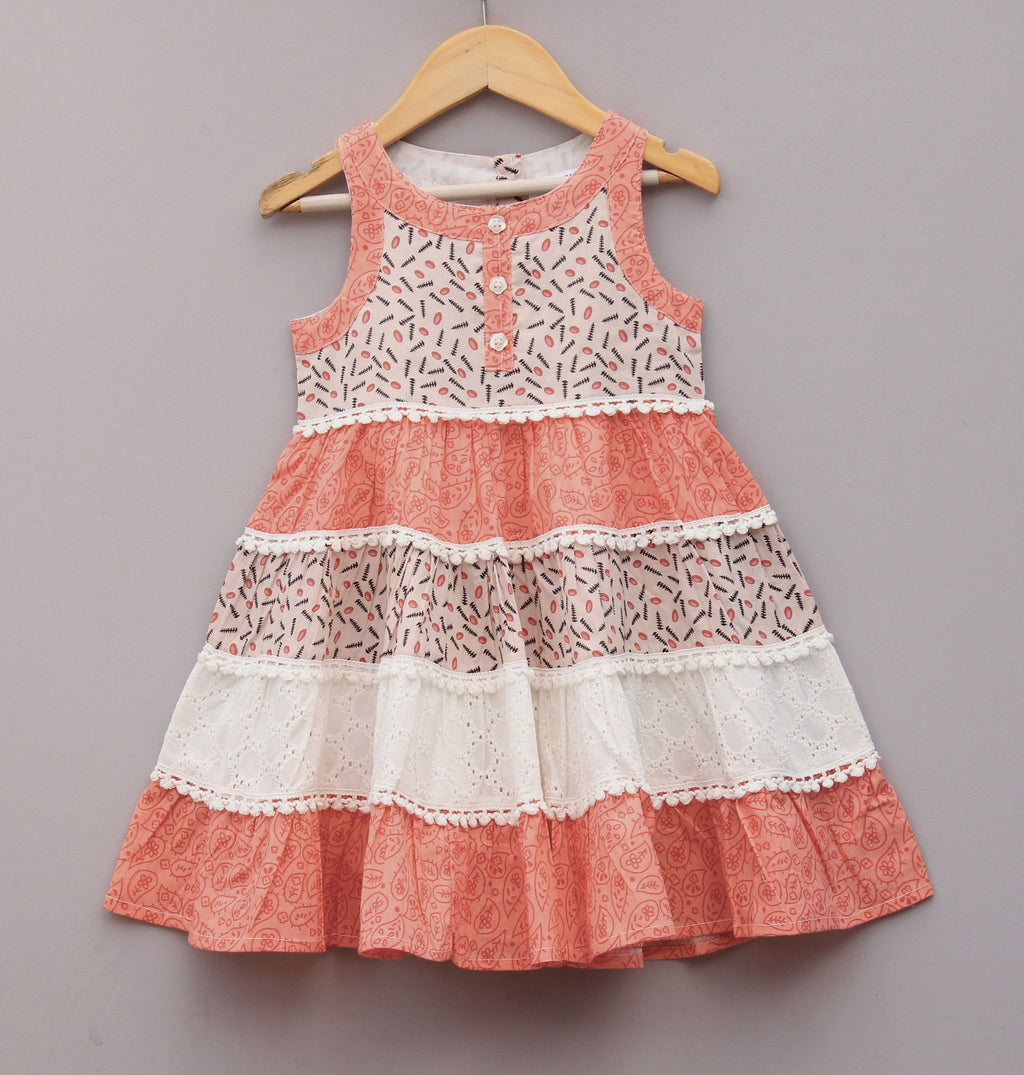 🌸 Frockwala Coral & White Tiered Cotton Frock for Girls