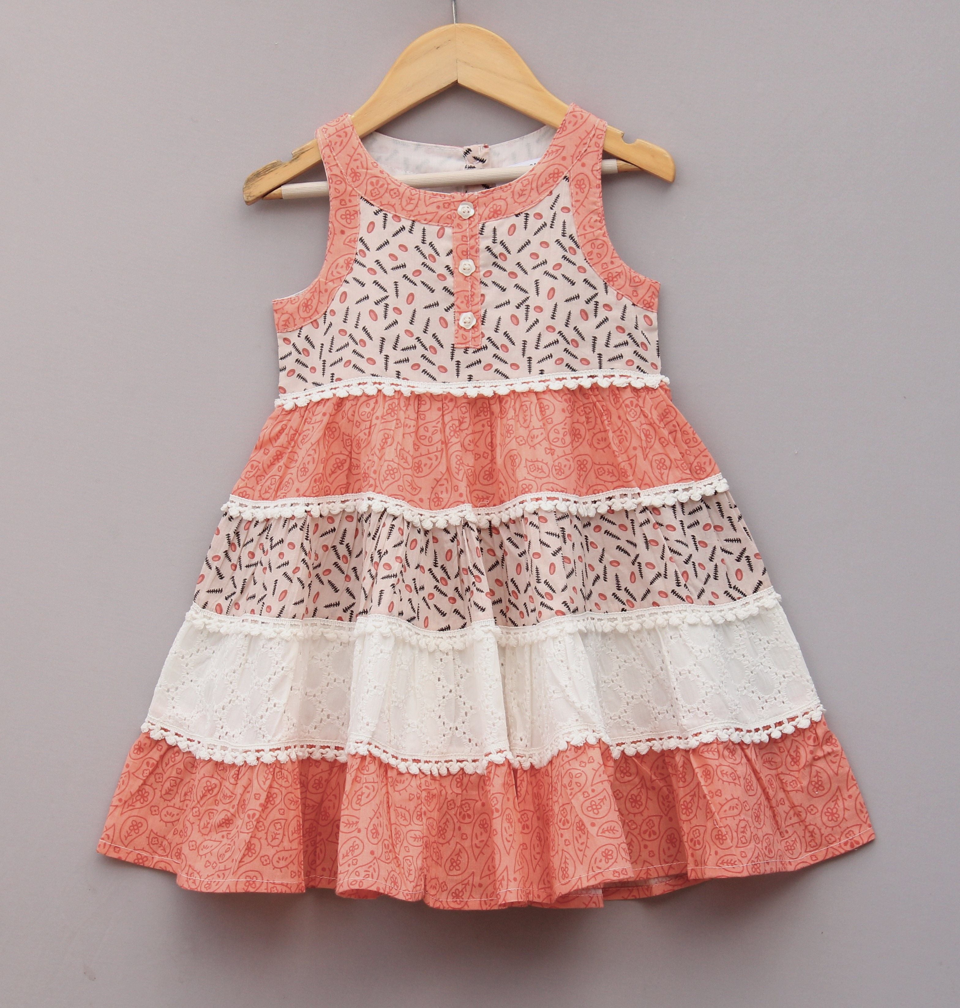 🌸 Frockwala Coral & White Tiered Cotton Frock for Girls