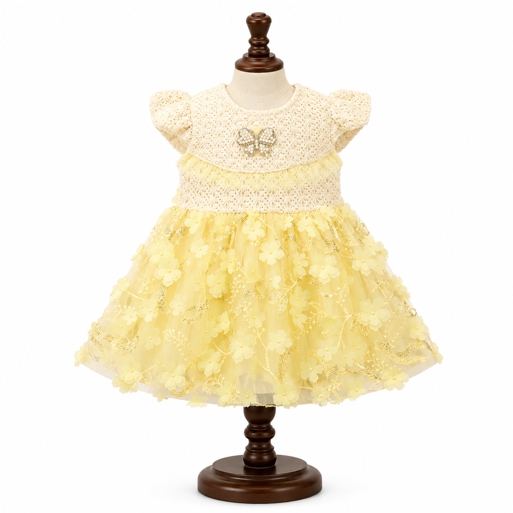 Yellow Floral  Net Party Dress for Baby Girls