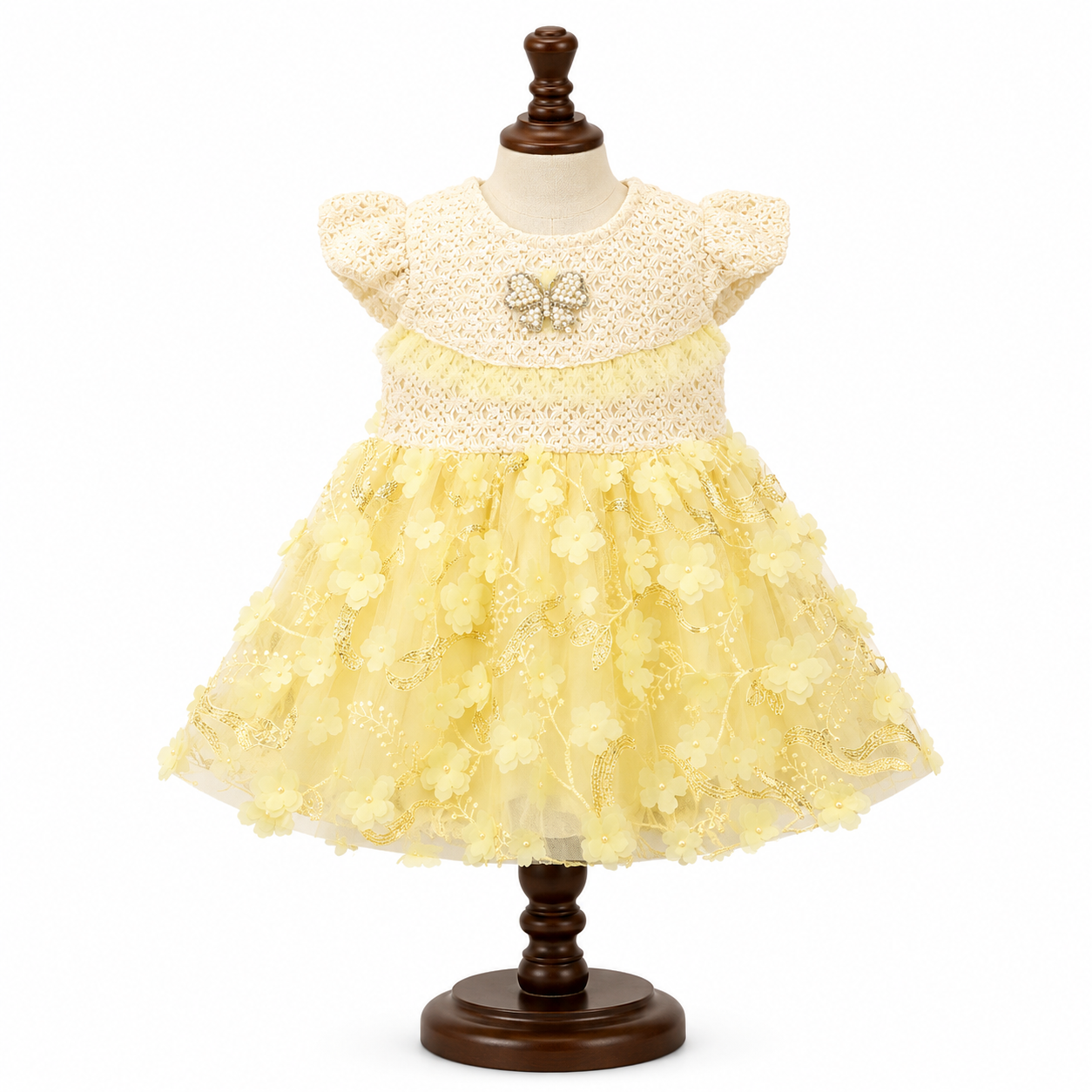 Yellow Floral  Net Party Dress for Baby Girls
