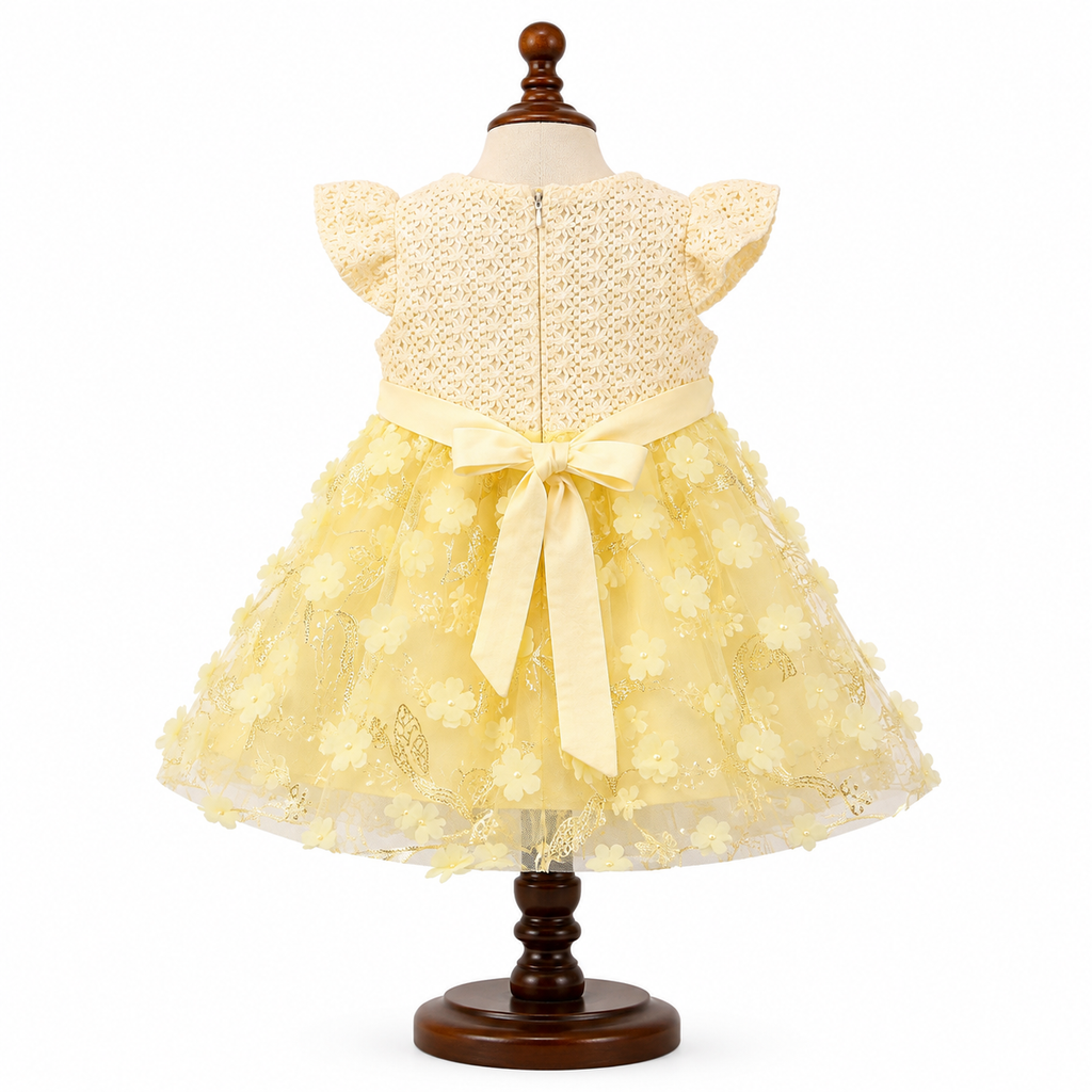 Yellow Floral  Net Party Dress for Baby Girls