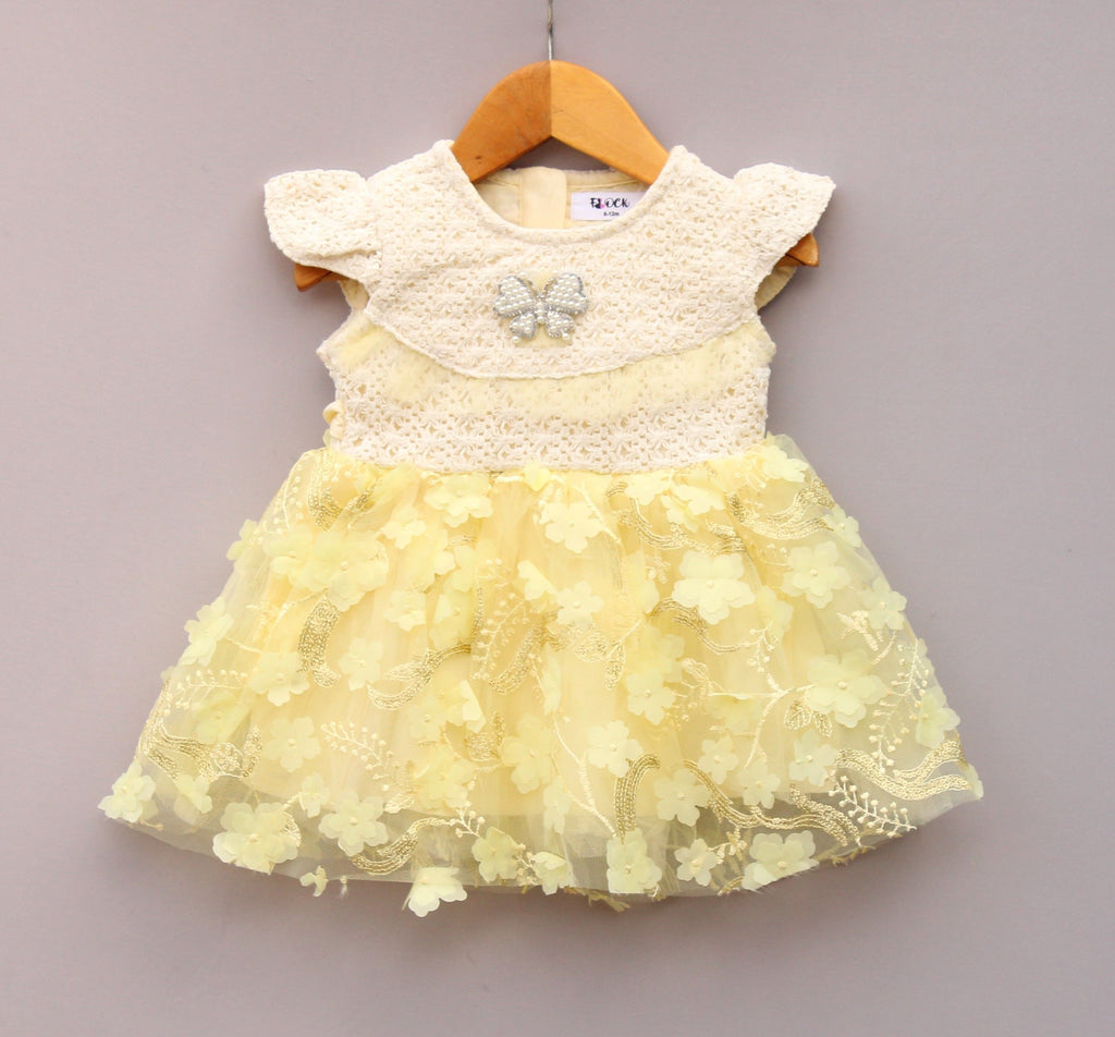Yellow Floral  Net Party Dress for Baby Girls