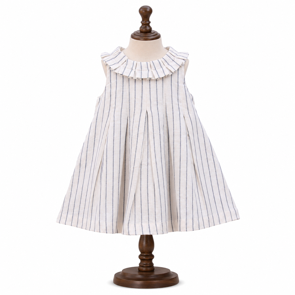 Premium White & Blue Striped lilen Cotton Frock for Girls