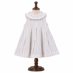 Premium White & Blue Striped lilen Cotton Frock for Girls