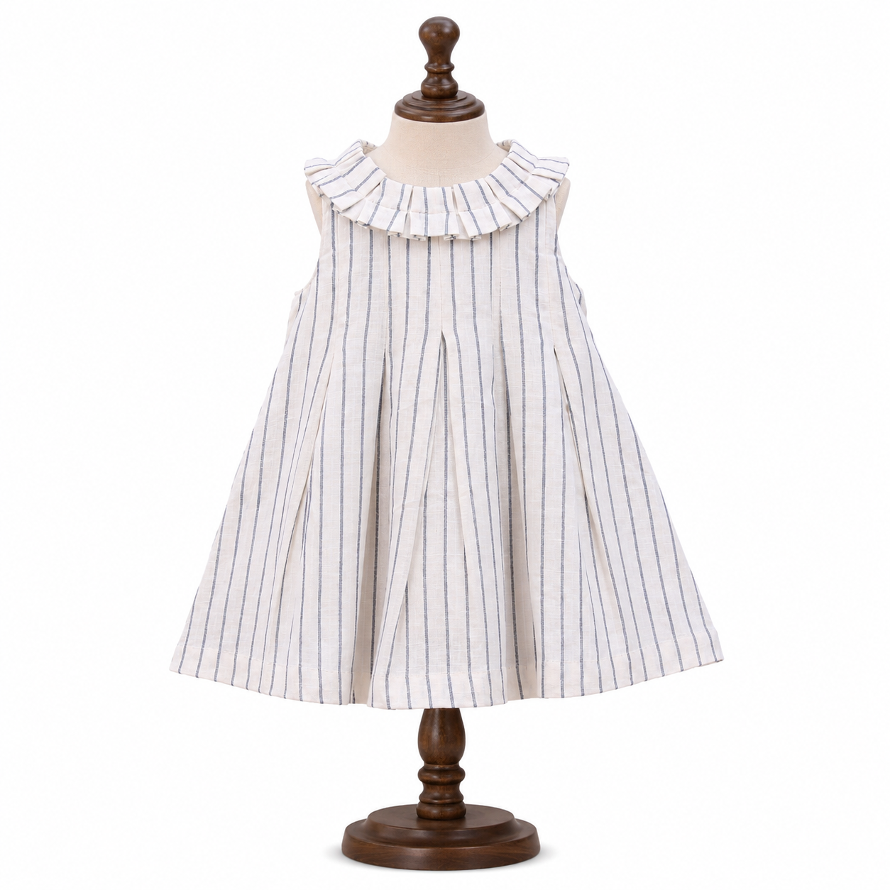 Premium white and blue striped linen cotton frock for girls - side view