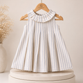 Premium White & Blue Striped lilen Cotton Frock for Girls