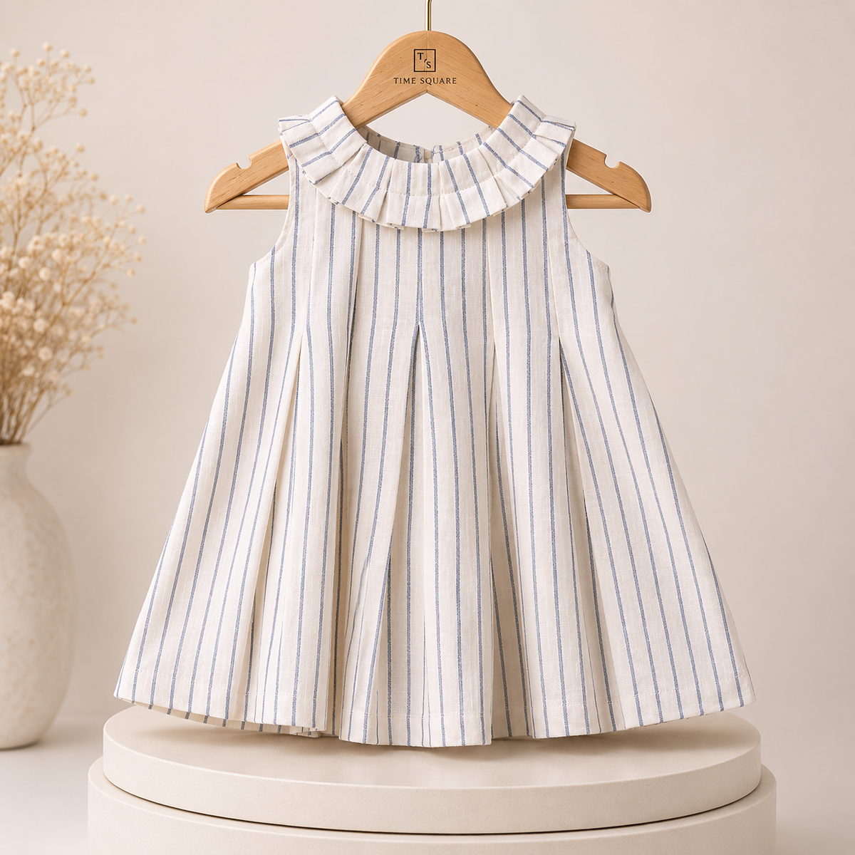 Premium White & Blue Striped lilen Cotton Frock for Girls