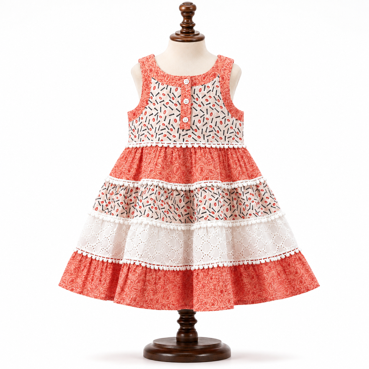 🌸 Frockwala Coral & White Tiered Cotton Frock for Girls