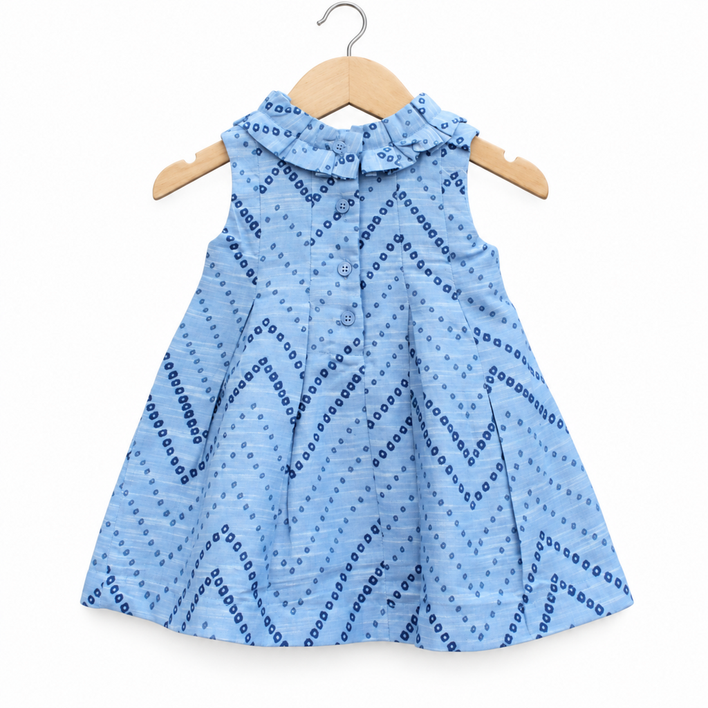 Light Blue Printed Sleeveless Pleated Frock for Girls