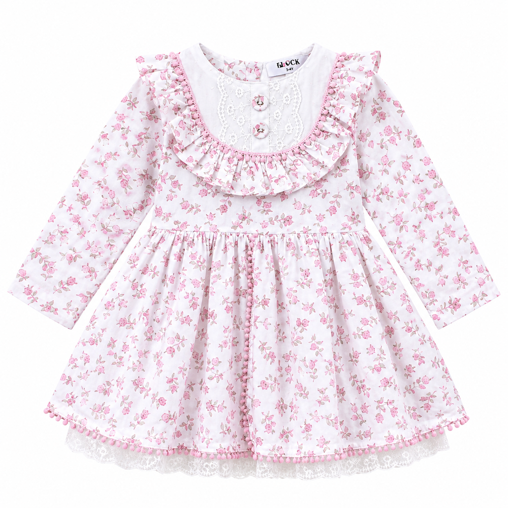 Floral Printed Cotton Frock with Frill Neck