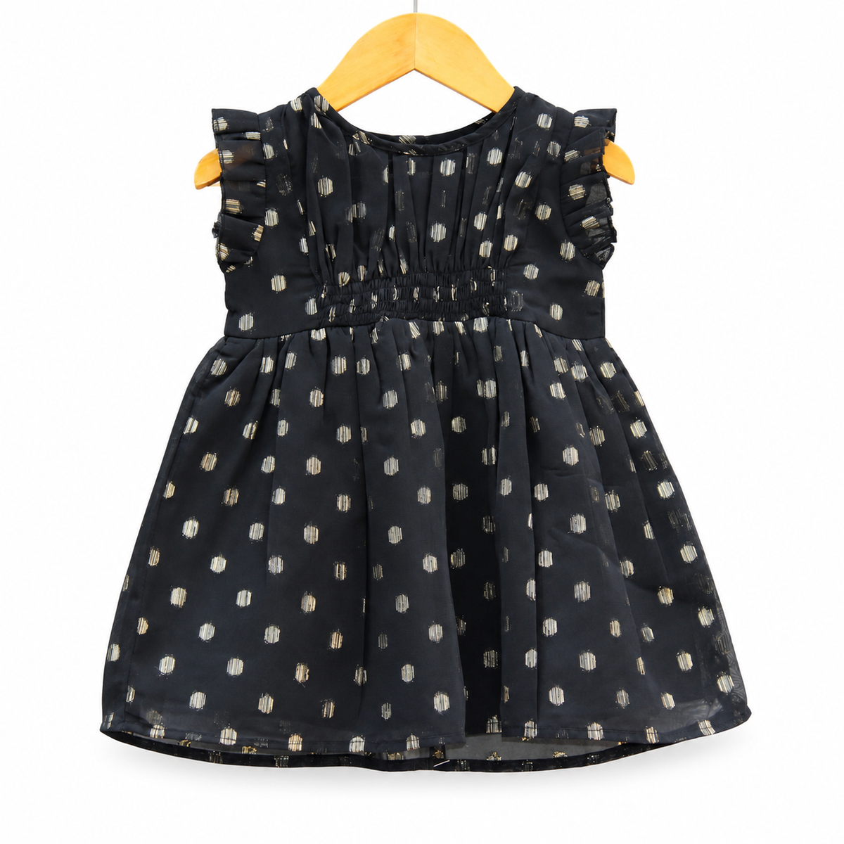 Frockwala Baby Girls Black Cotton Party Dress with Gold Polka Dots