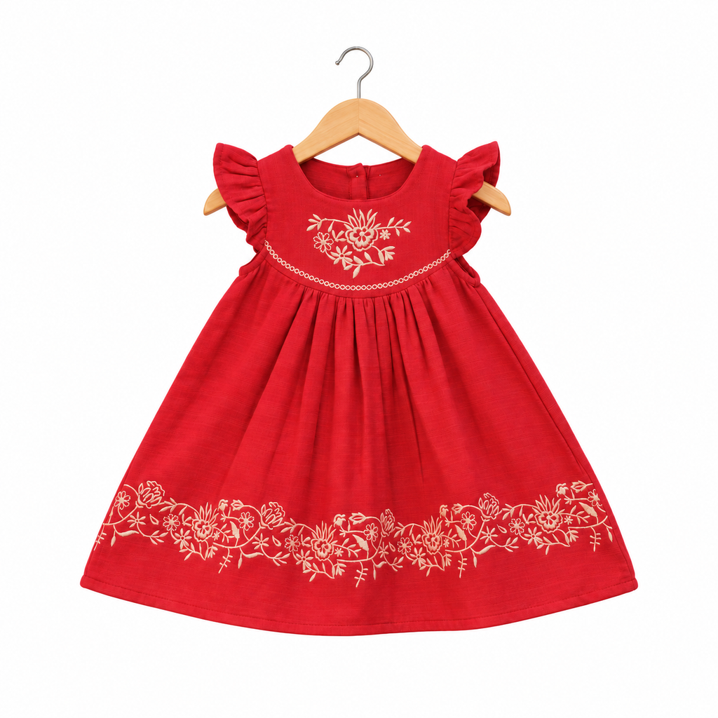 Frockwala Girls’ maroon Floral Embroidered Cotton Frock