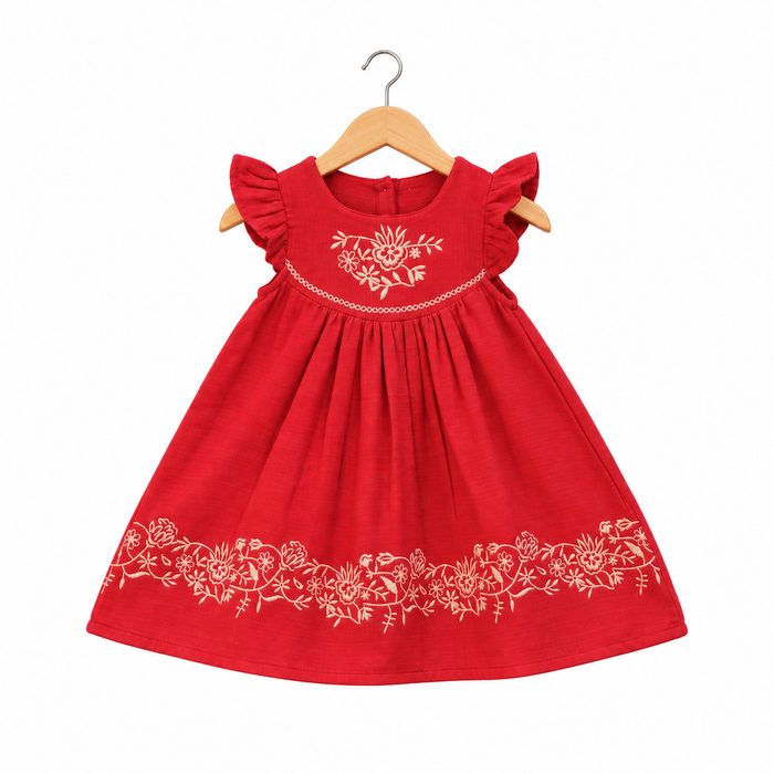 Frockwala Girls’ maroon Floral Embroidered Cotton Frock