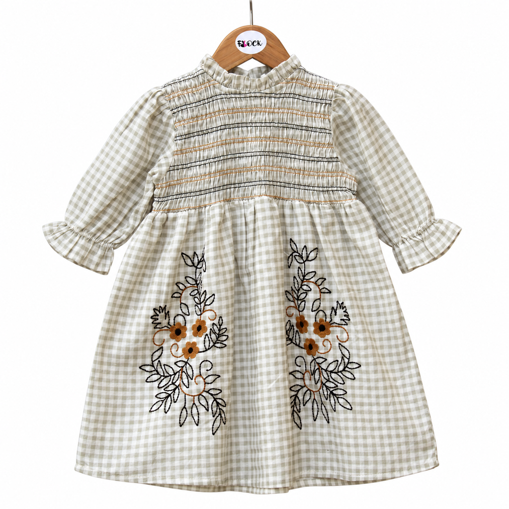 Girls Sage Green Gingham Smocked Dress with Floral Embroidery