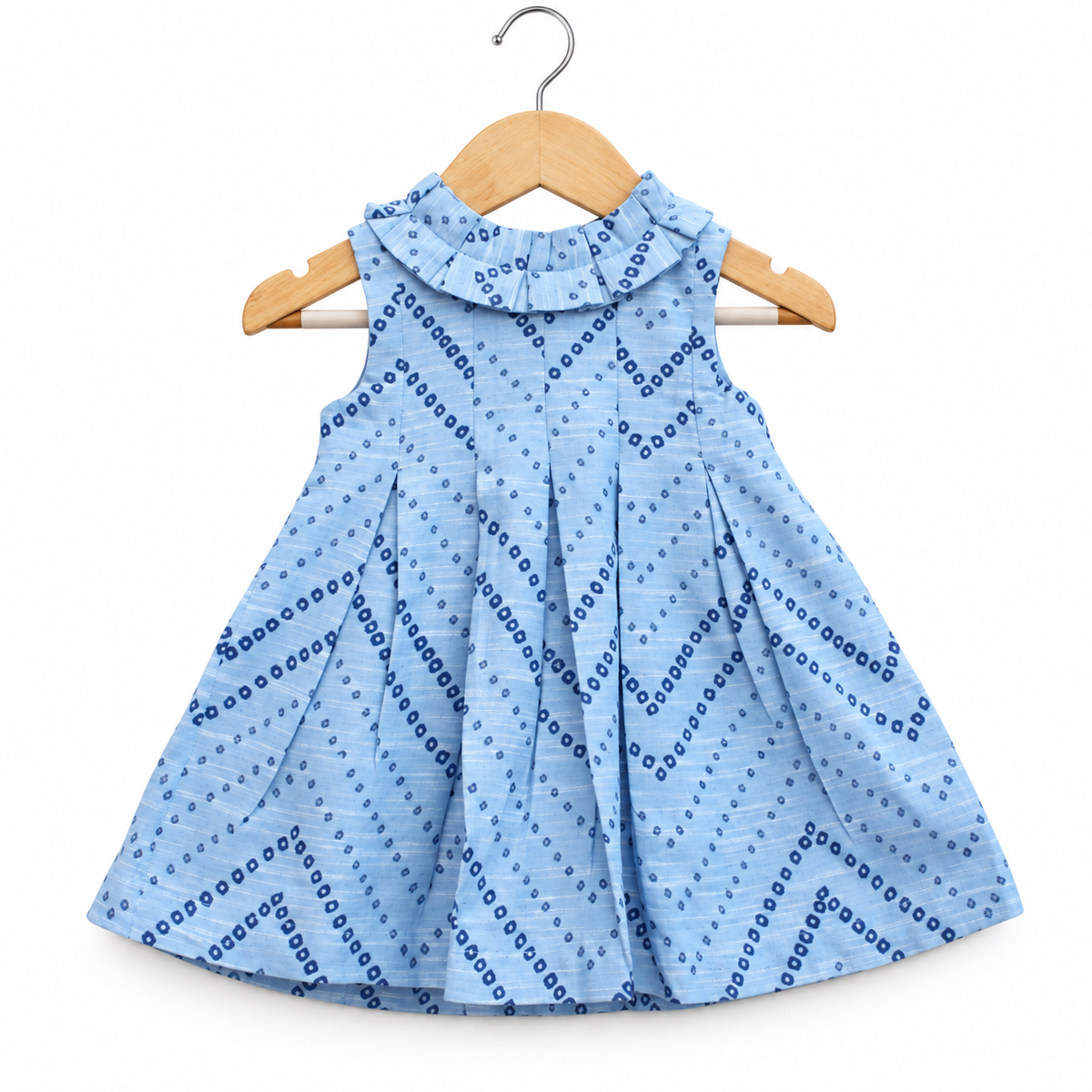 Light Blue Printed Sleeveless Pleated Frock for Girls