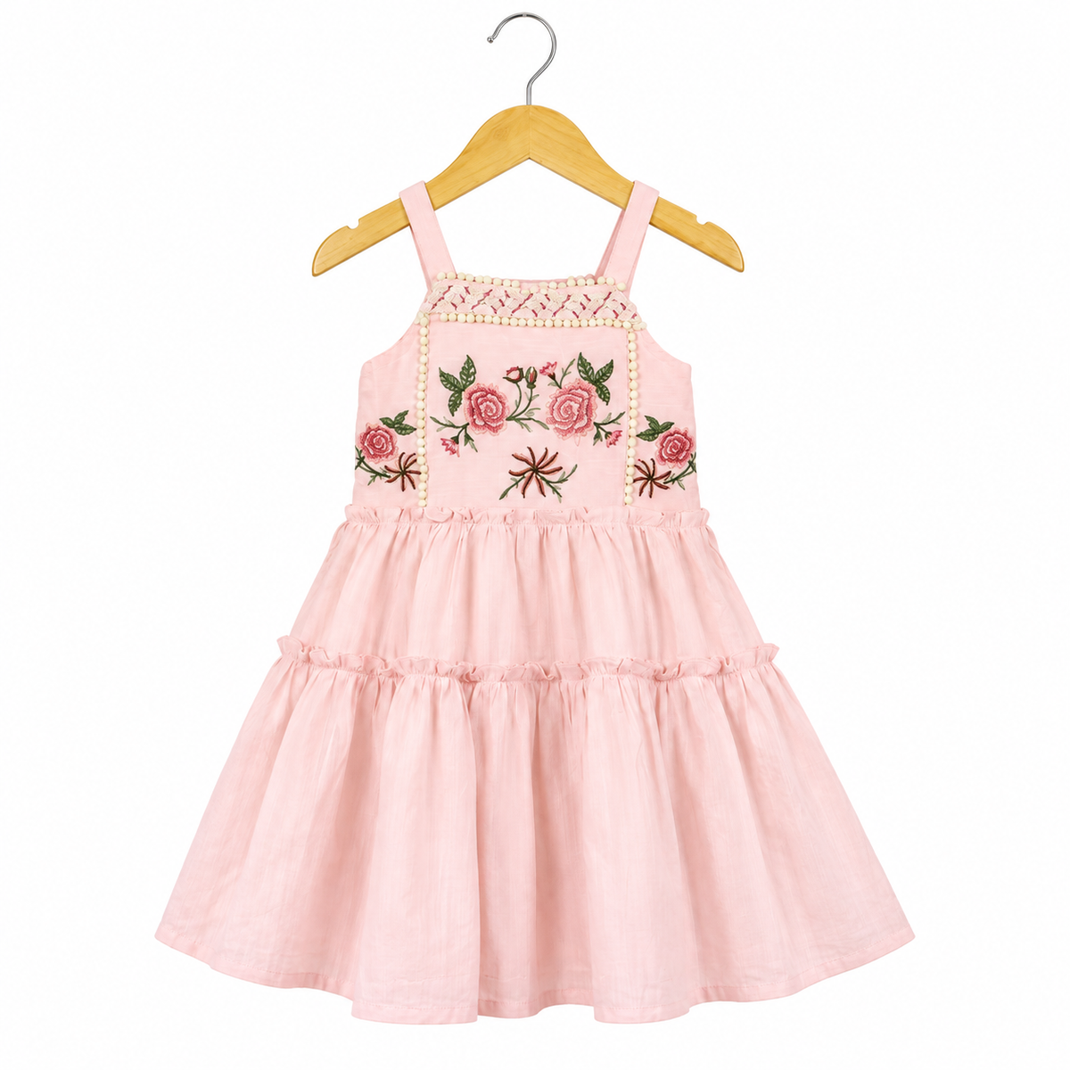 Frockwala Girls Orange & Cream Tiered Embroidered Frock