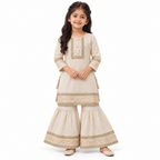 Girls Premium Cream Silk-Blend Embroidered Kurta and Sharara Set