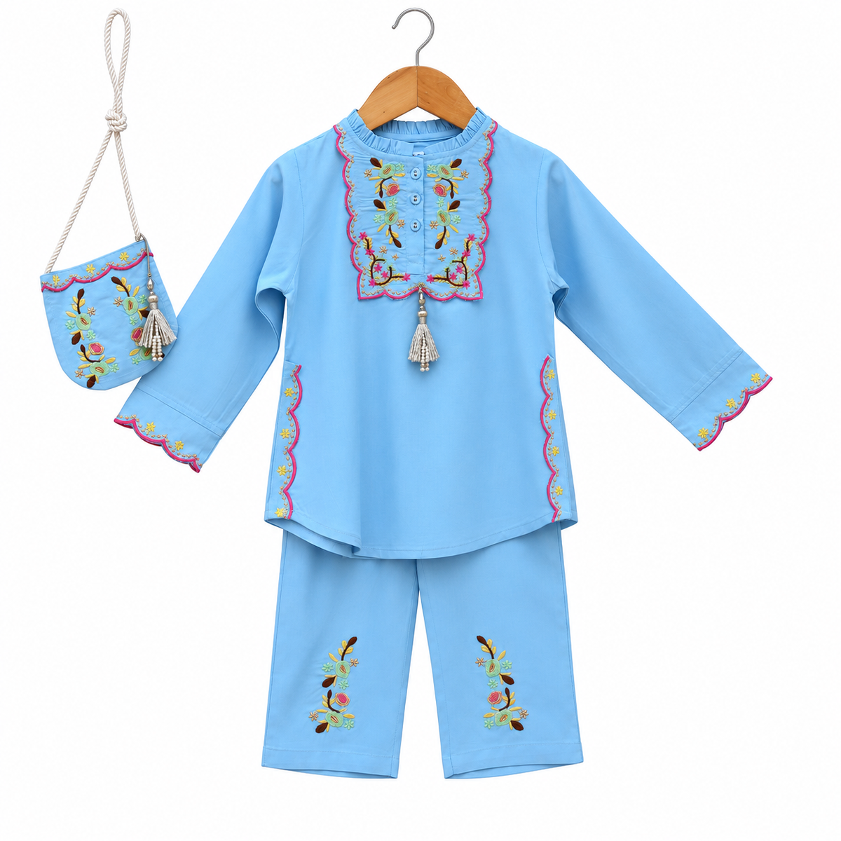 Sky Blue  Girls Co-ord Set with Matching Sling Bag