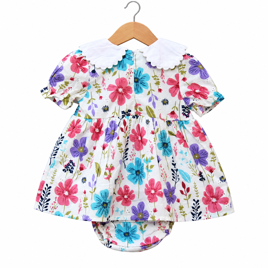 Floral Printed Cotton Frock with Embroidered Collar