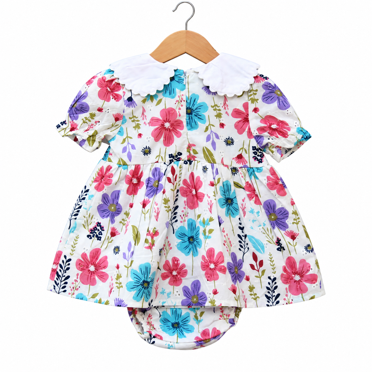Floral Printed Cotton Frock with Embroidered Collar