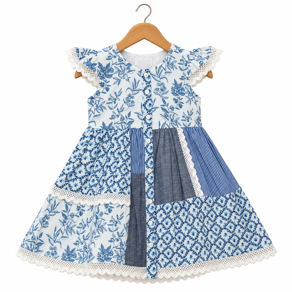 Classic Blue & White Patchwork 100% Cotton Frock