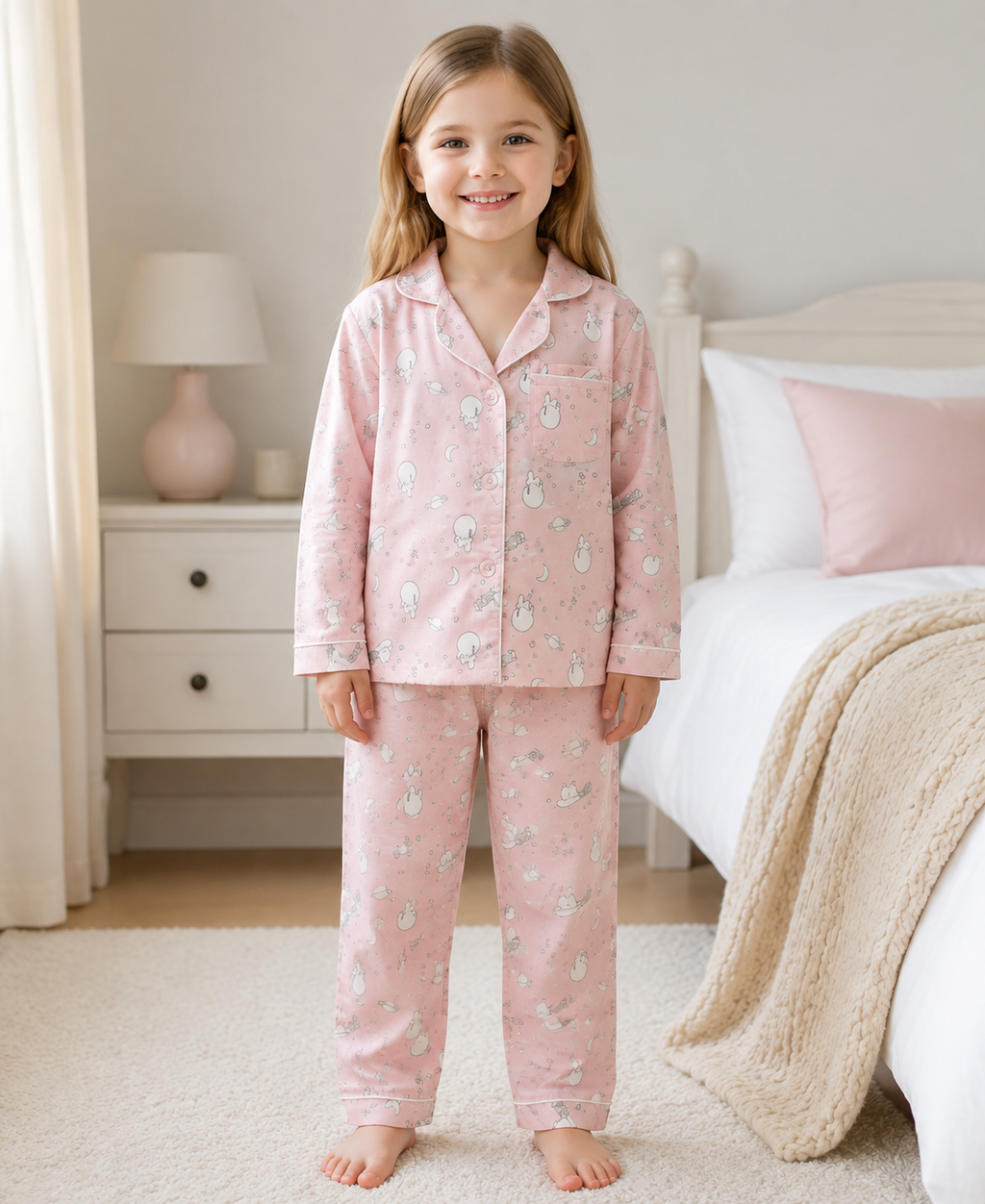 Pink Printed Cotton Night Suit for Girls
