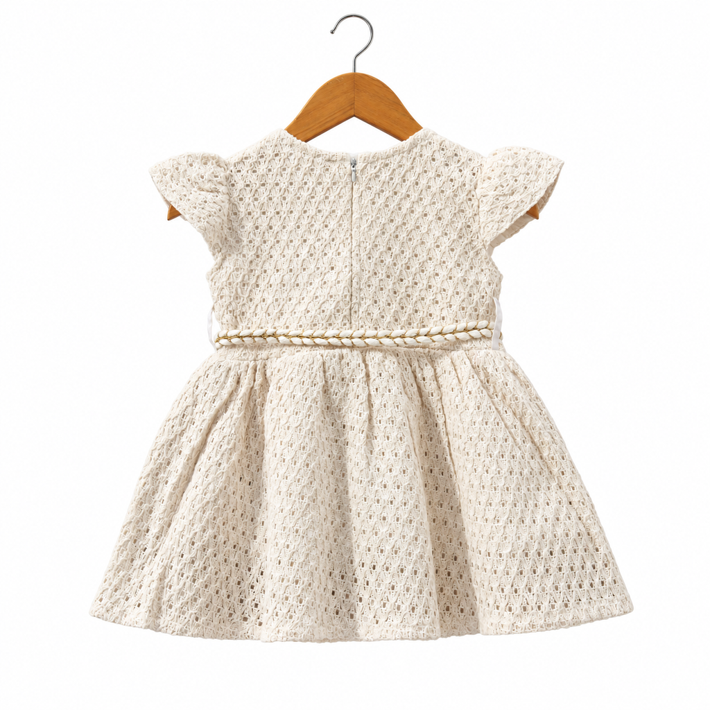 Frockwala Girls’ Cream Lace Frock with Flutter Sleeves