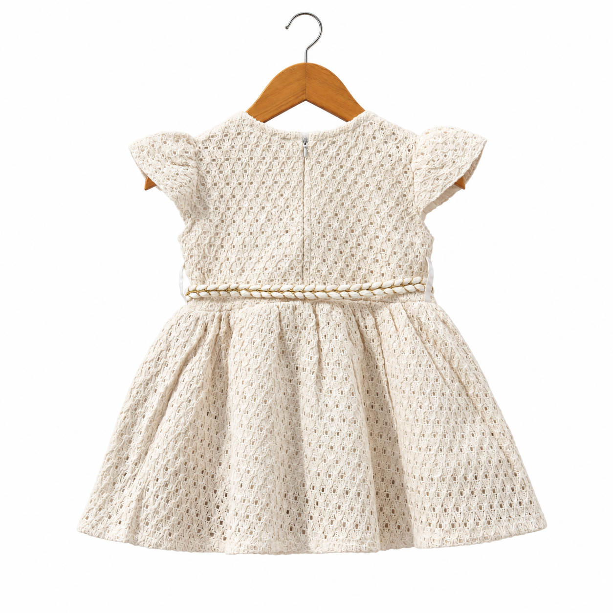 Frockwala Girls’ Cream Lace Frock with Flutter Sleeves