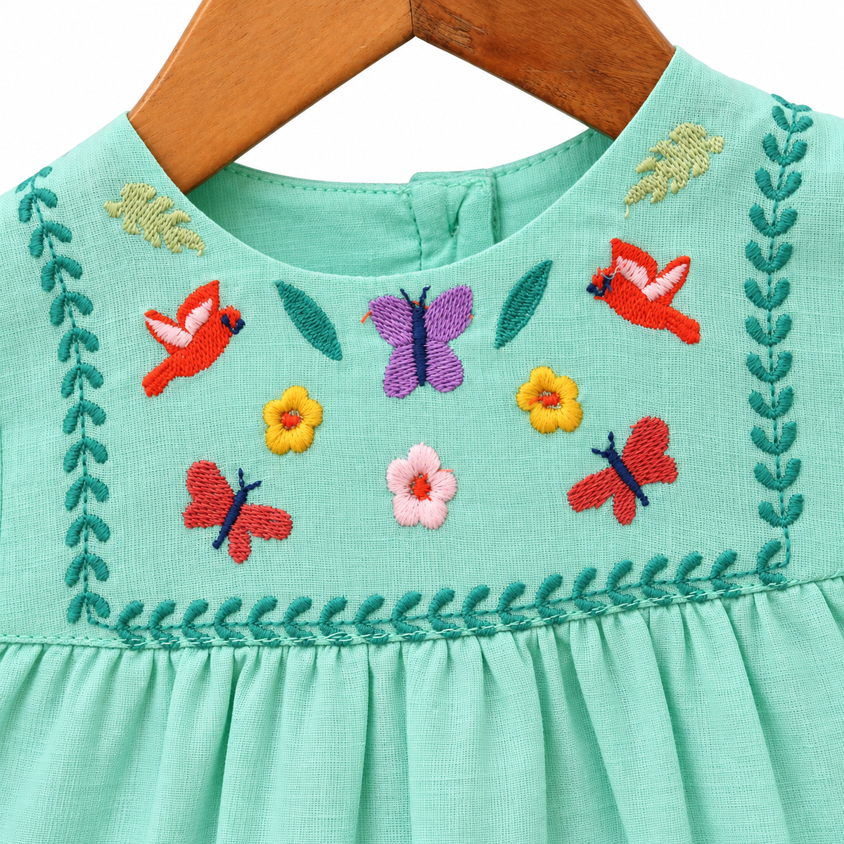 Mint Green Embroidered 100% Cotton Girls Top & Shorts Set